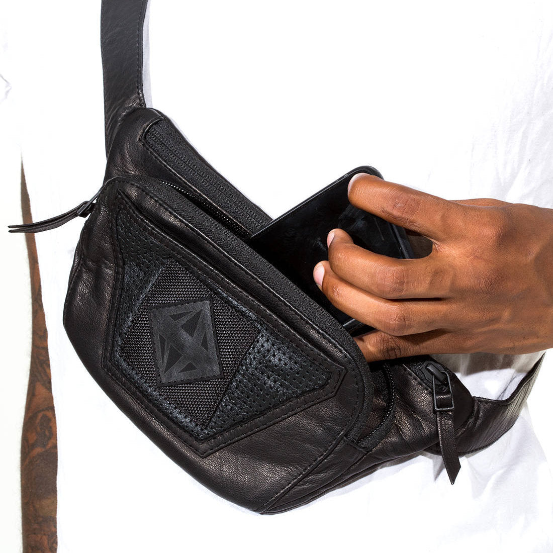 Mens Mini Messenger Bag. Black Leather Shoulder Bag 