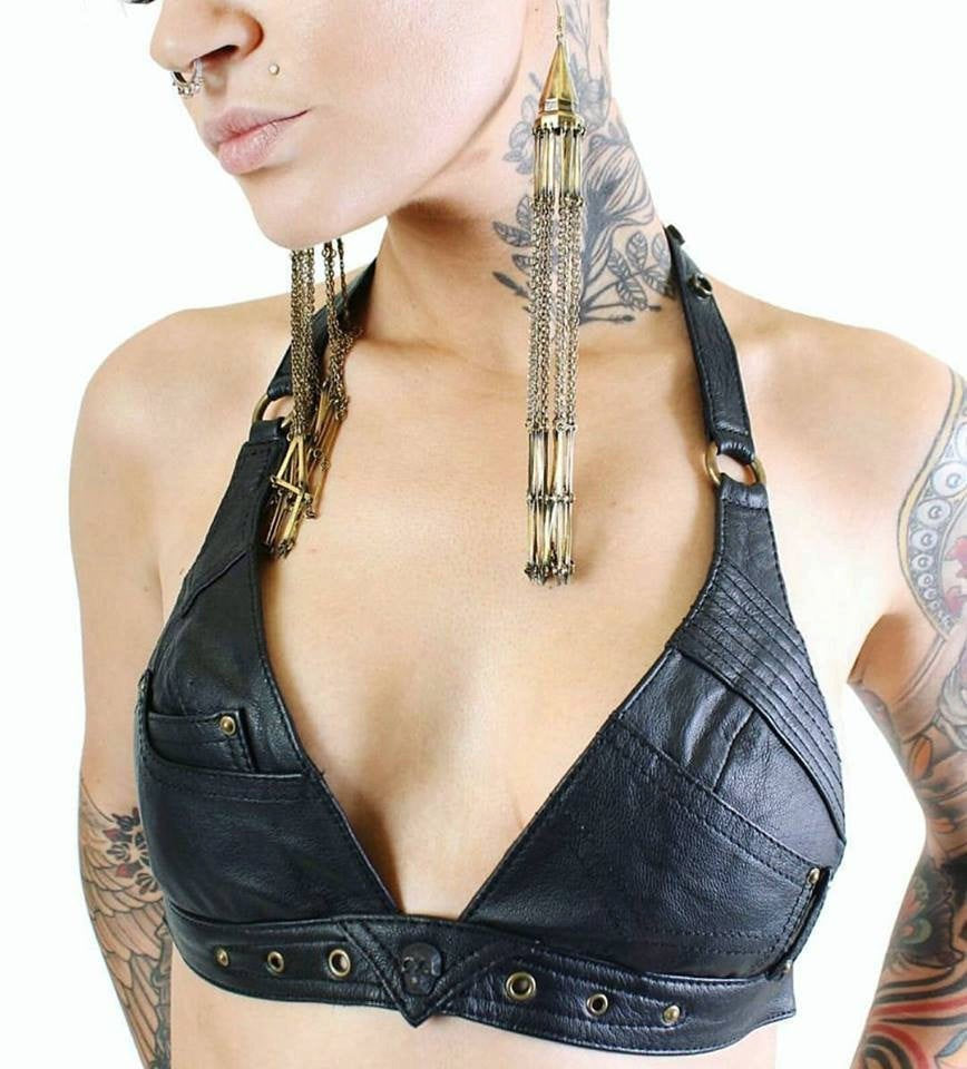 Billy Jean Leather Halter Top Bra with Skull Detailing and Secret Stas –  Jungle Tribe LA
