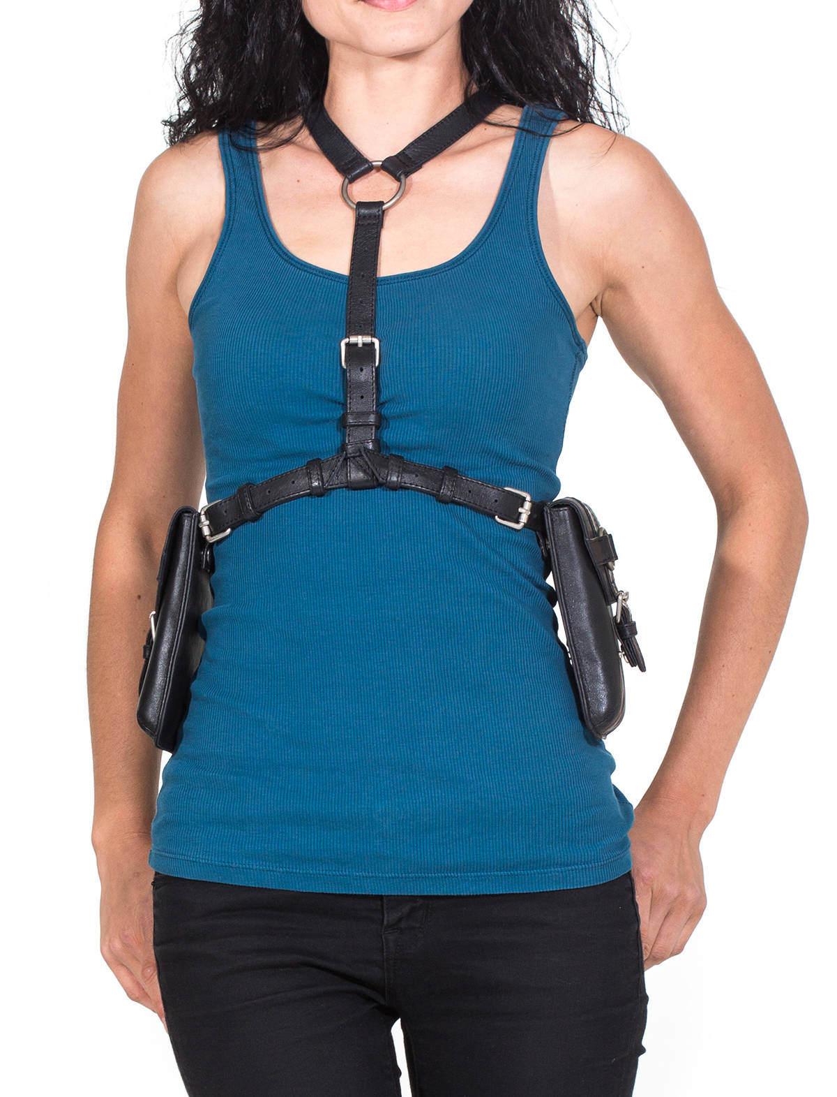 Dark Blue Leather Cage Bra, Genuine Leather Chest Harness, Leather