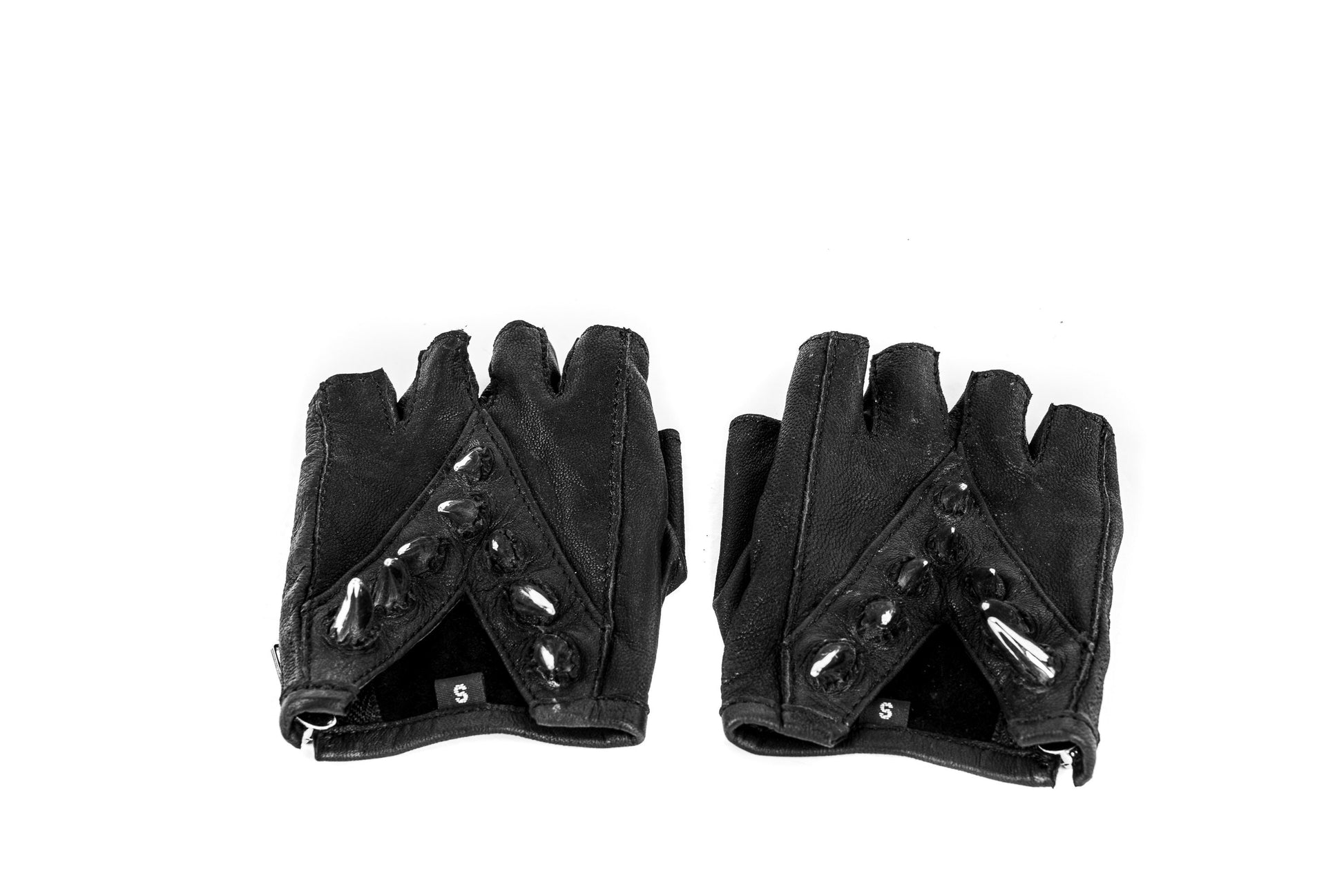 Silver Spike Studded Chevron Pattern Fingerless Leather Gloves L