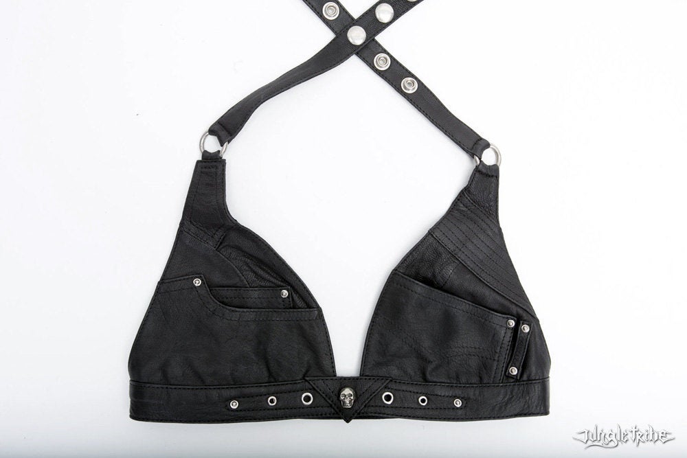 Billy Jean Leather Halter Top Bra with Skull Detailing and Secret